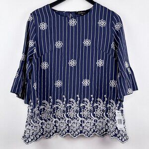 NWT Caleoos 3/4 Bell Sleeves Cut Out Blue White Stripes Embroidered Size PS